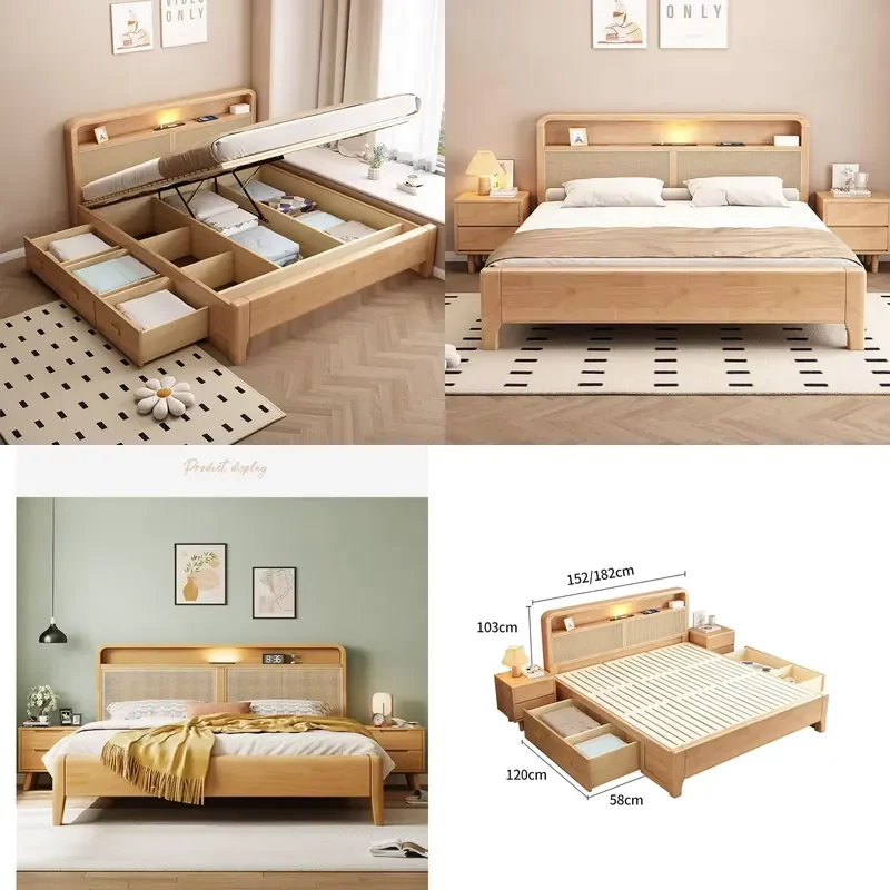 for Scandinavian rattan solid wood bed natural wood platform bed with headboard storage