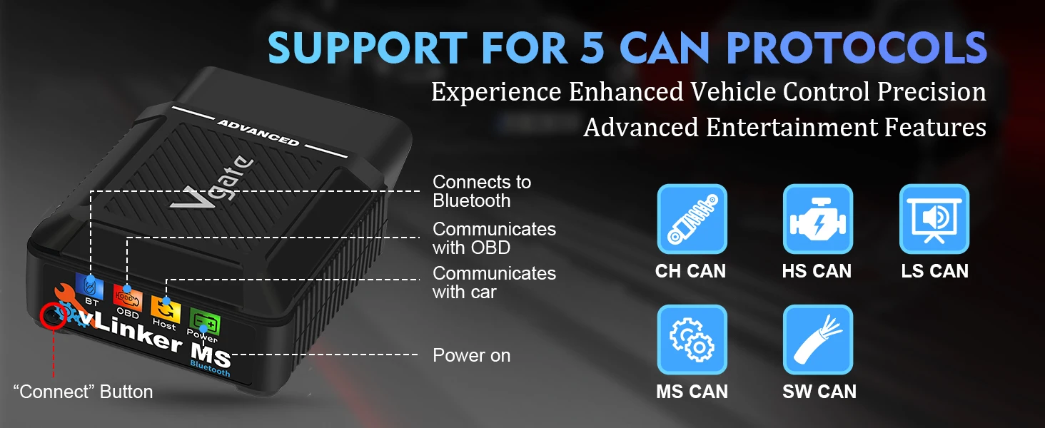 Vgate VLinker MS Bluetooth OBD2-Scanner für Fahrzeuge, kompatibel mit 12V oder 24V, unterstützt HS-CAN, MS-CAN, SW-CAN, CH-CAN, LS-CAN Scanner – Detail 2