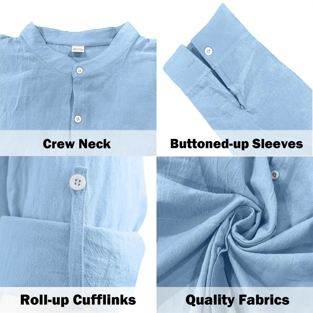 Men Button Down Shirt Men's Cotton Linen Long Sleeve Shirt Casual Band Collar Button Down Shirt Summer Beach Vacation Travel
