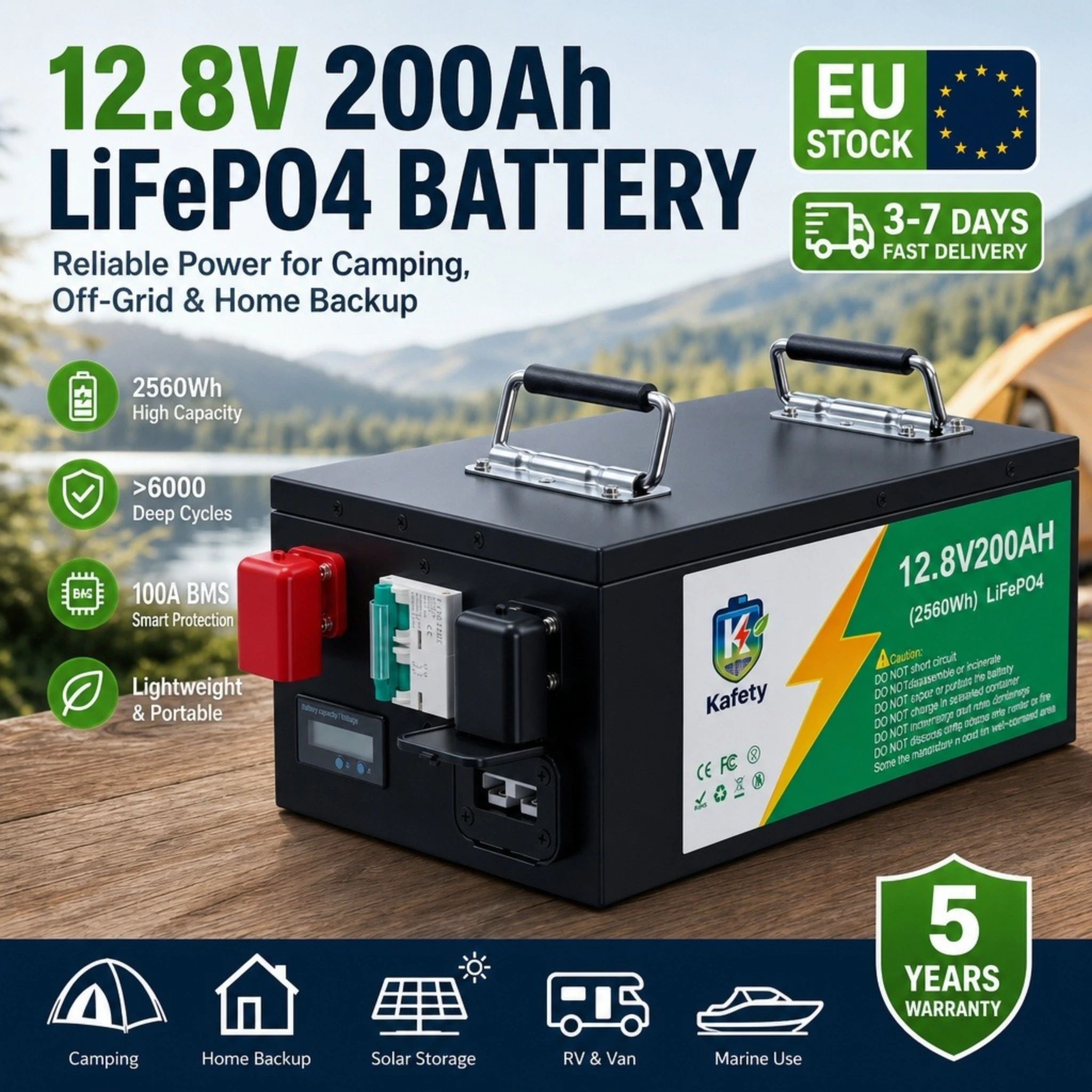 Batterie au lithium LiFePO4 Premium 12V 200Ah/24V 100Ah – BMS 100A, 6000+ cycles, pour solaire/VR/bateau/hors réseau – Expédition rapide UE, approuvée par les installateurs et les amateurs de plein air