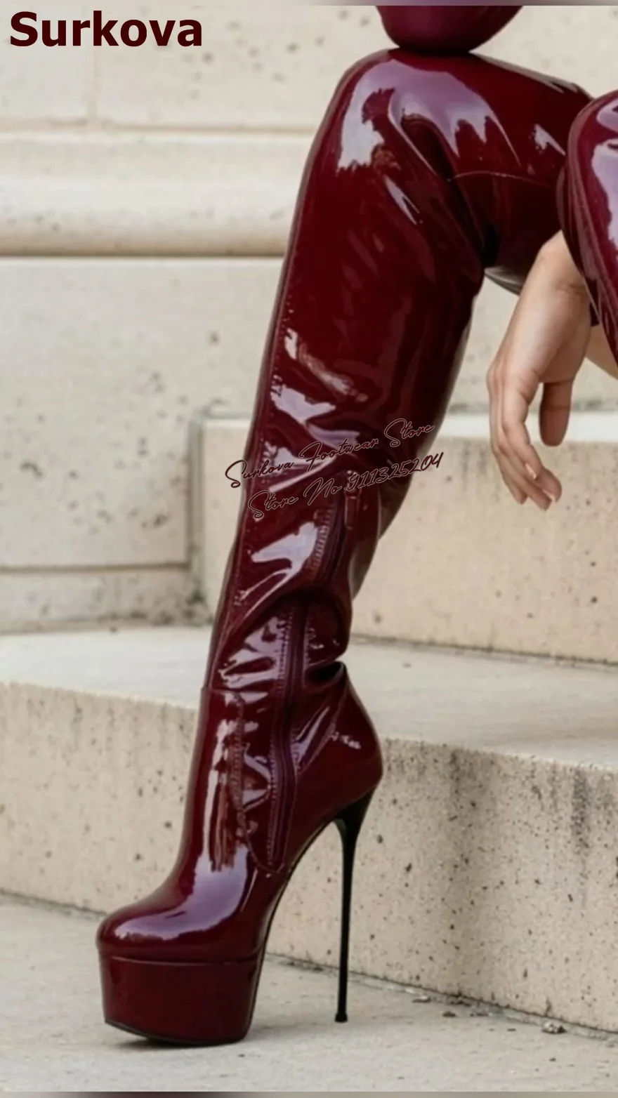 Surkova Burgundy Mirror Leather Over-The-Knee Boots Wine Red Platform Sky High Stilettos Thigh High Boots Sexy Dress Shoes view 5