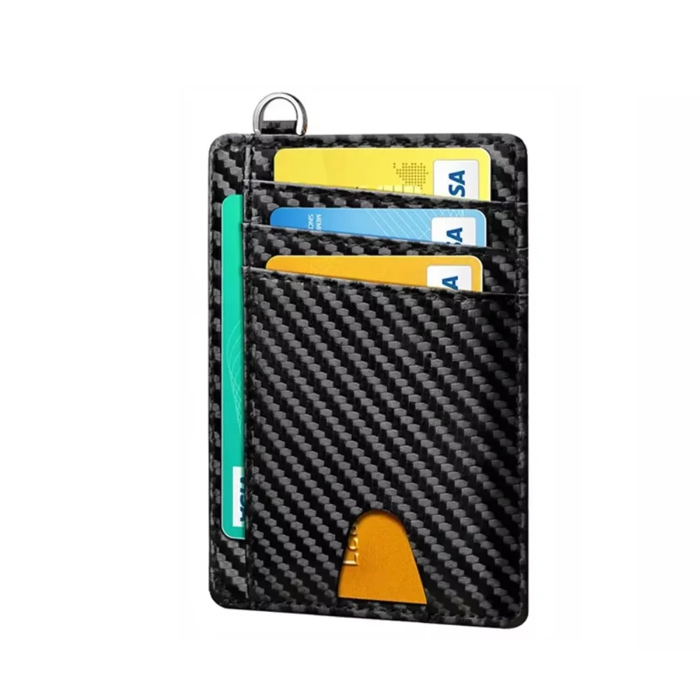Slim Minimalist RFID Blocking Wallet Carbon Fiber Card Holder with Wristlet Keychain Front Pocket Travel Thin Purse for Men