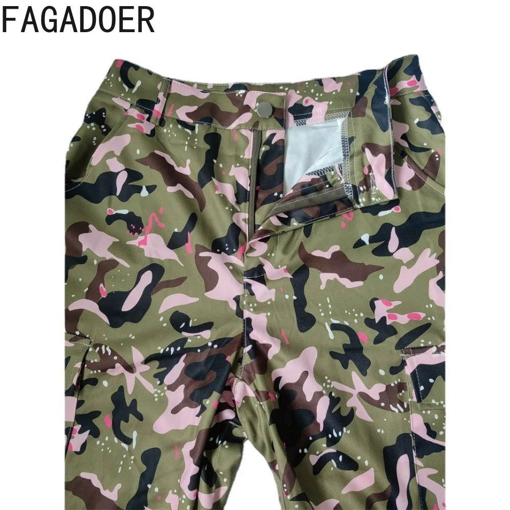 FAGADOER-Pantalones rectos con estampado de camuflaje para mujer, pantalón de cintura alta con bolsillos y botones, color rosa, Y2K, informal, deportivo, novedad