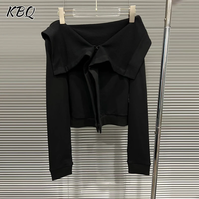 

KBQ Solid Spliced Zipper Chic Loose T Shirts for Women V Neck Long Sleeve Minimalist Chic Tops Female Fashion Autumn Style New