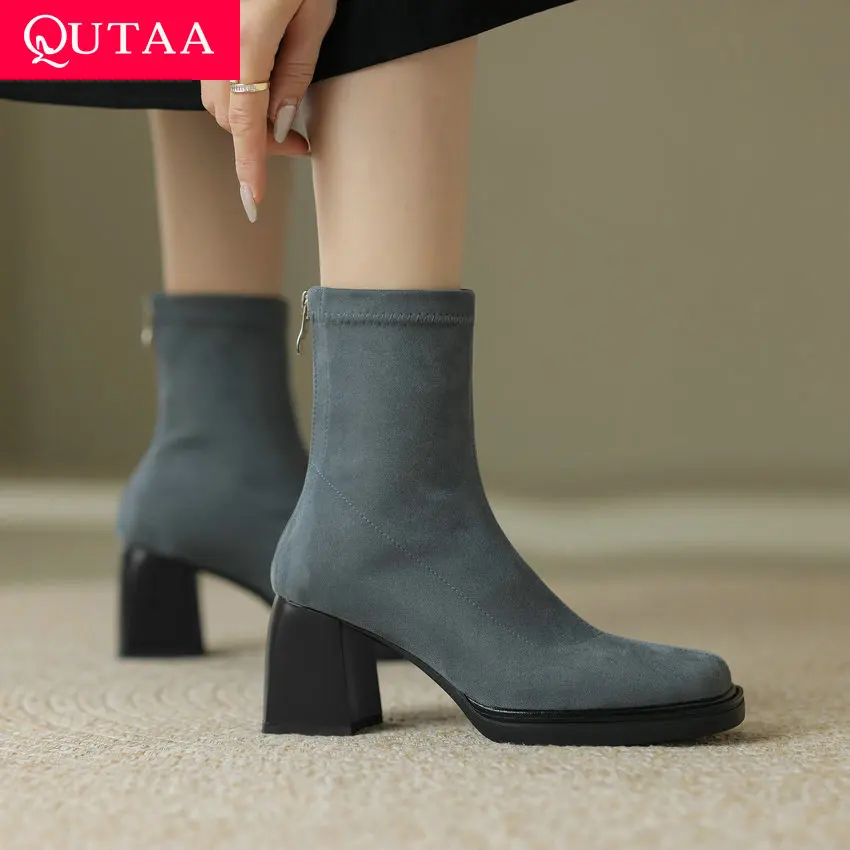 

QUTAA 2024 Autumn Winter Women Ankle Boots Flock Square High Heel Round Toe Stretch Shoes Woman Basic Size 34-42