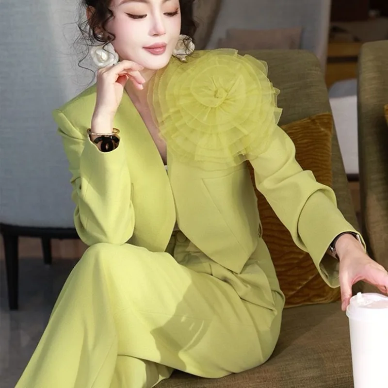 

Новый роскошный женский комплект из двух предметов с 3D цветочным принтом, элитный осенний элегантный короткий жакет с длинными рукавами + широкие брюки, костюм