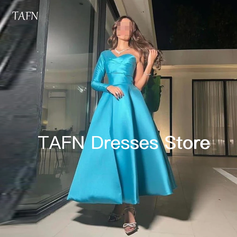 

TAFN Formal Eveniing Dresses Shiny Satin Arabic Women Prom Gowns Ankle Length One Shouldere Long Sleeves Vestidos Customized