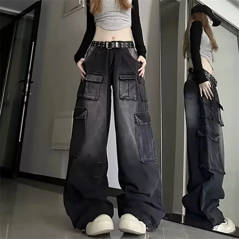 Calça cargueira retrô de cintura alta feminina, jeans de perna larga, calça larga lavável, design de rua alta, nicho da moda, verão