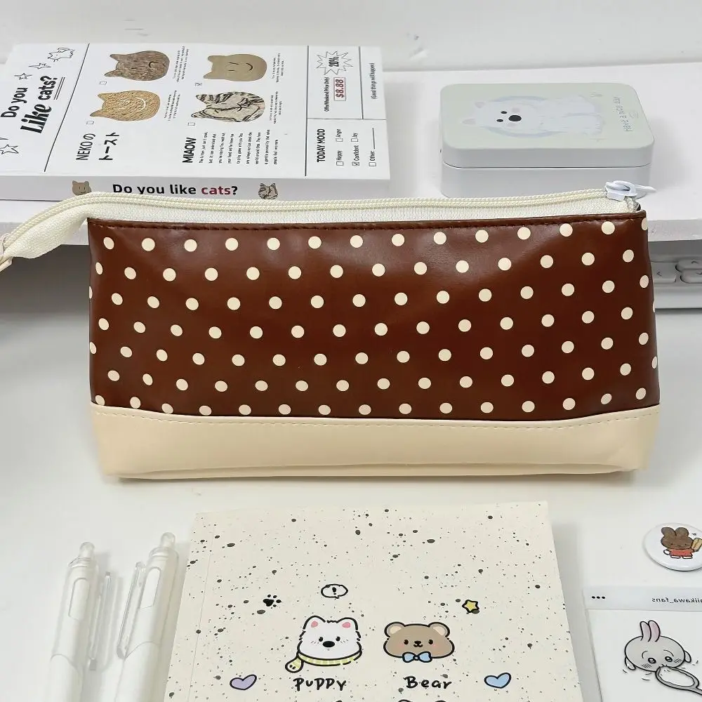 Robustes PU-Leder Federmäppchen Braun Mit Fotofenster Stiftetui Polka-Dot-Design Große Kapazität Stifttasche Schule Büro