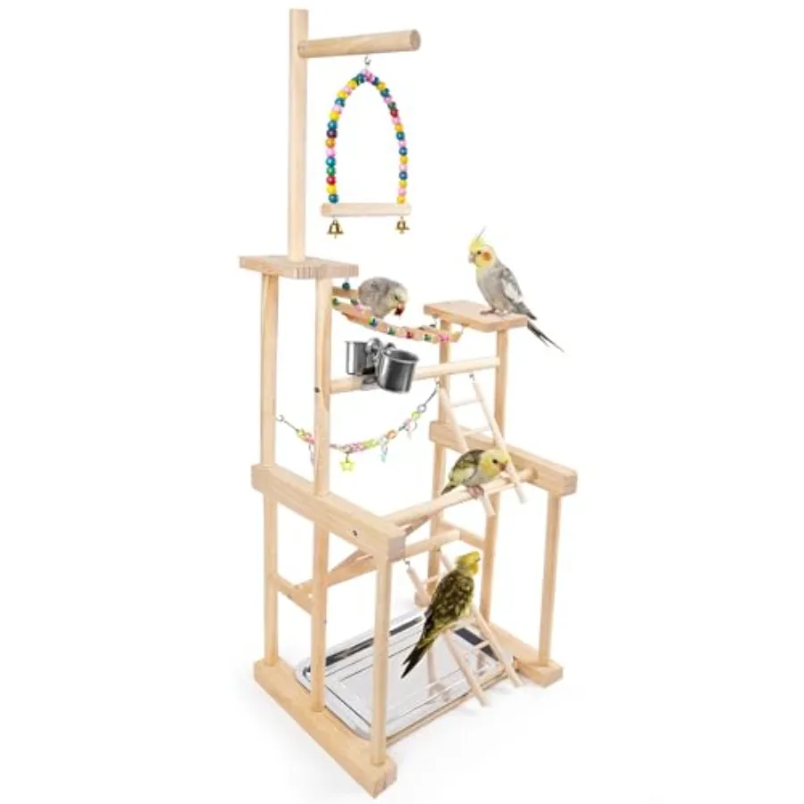 

Bird Playground Parrot Playstand Cockatiel Playground Bird Play Stand with Feeder Cups Swings Ladder and Removable Tray Parrot