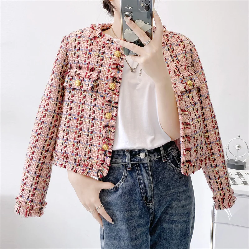 

Pink Plaid Wool Blended Small Fragrance Short Coat Women's High-quality Woven Tweed Chic Tassel Casual Sweet Wool Lady Jacket