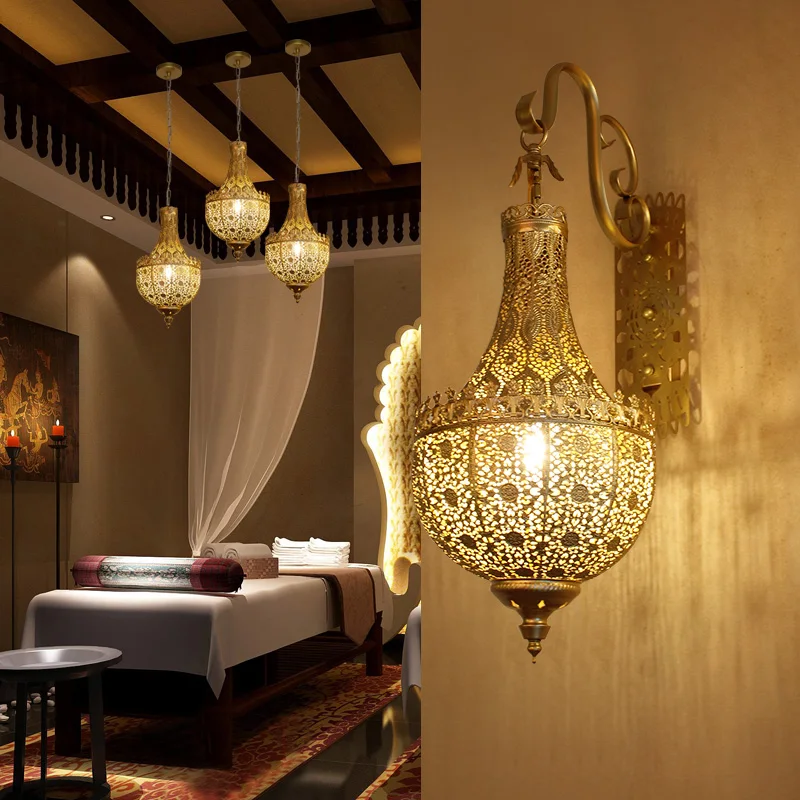 

Moroccan Style Gold Openwork Wrought Iron Wall Lamp for Restaurant Cafe Hotel Bedroom Hallway Decorative Lighting