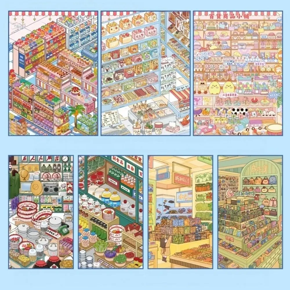 New Shop Theme Miniature Scene Sticker PET Die-cut 7 Scenes 3D Mni Cabin Stickers Large Size DIY Stacking Sticker DIY Crafts