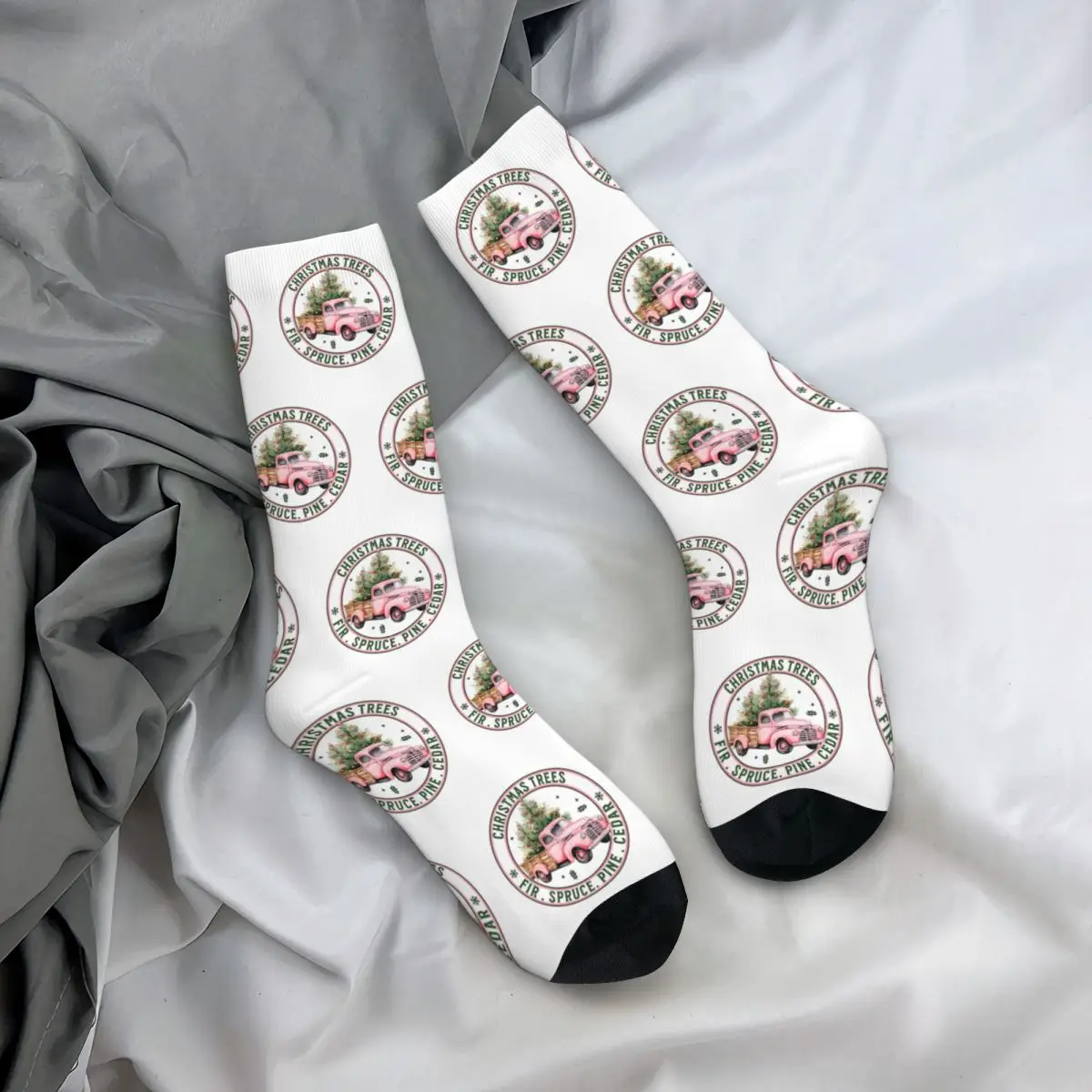 Calcetines de camión de árboles de Navidad rosas para hombres y mujeres, calcetines casuales, novedad, primavera, verano, otoño, invierno, calcetines de tubo medio, regalos