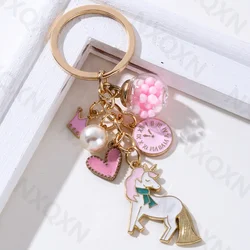 Lovely Pink Heart Clock Crown Unicorn Preal Enamel Keychain Cute Animals Love Key Ring For Women Girl Handmade Friendship Gift
