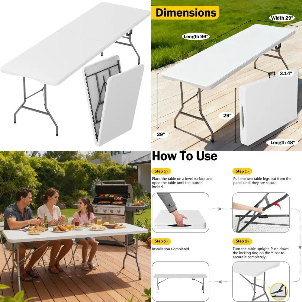 

Portable Heavy-Duty Folding Table with Integrated Handle for Half Folding - Ideal for Parties, Dining, Outdoors, and More