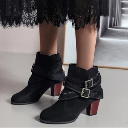 Mulheres do vintage botas de tornozelo grosso botas de salto alto fivela de borracha casual senhoras sapatos femininos chelsea botas curtas sapatos tamanho grande