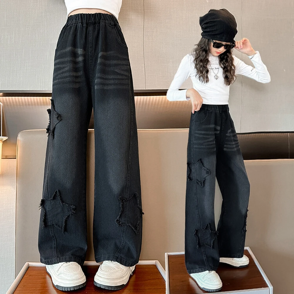 Teenage Girls Jeans Spring/Autum New Paste Cloth Five-pointed Star Wide Leg Pants Kids Trendy Children's Trousers 10 12 14 Years