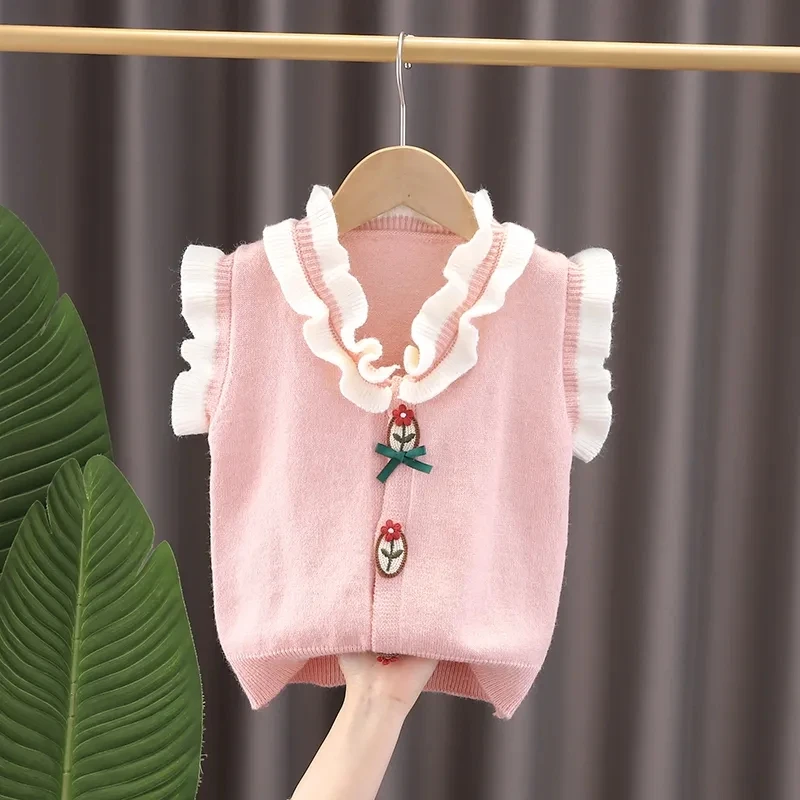 Toddler Baby Girl Sweater Tank Tops for Girls Cute Flower Knit Sweaters Vest Infant Sleeveless Cardigans fits 1-7Years