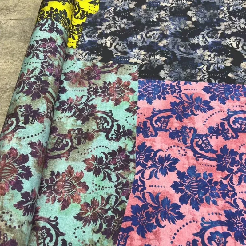 Color-blocking printed elastic double crepe silk fabric personalized shirt dress