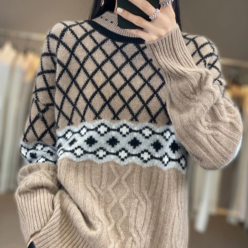 Autumn and winter new pullover women's padded sweater O-neck color matching fashion loose knit% wool top