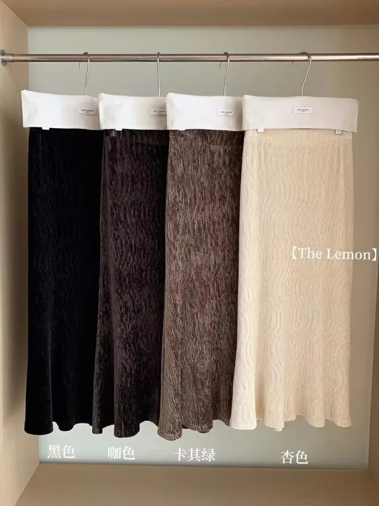 Autumn Winter Women\'s Skirt High Waisted Solid Vintage Velvet Skirts for Women New Fashion Elegant Casual Long Skirt Woman 2024