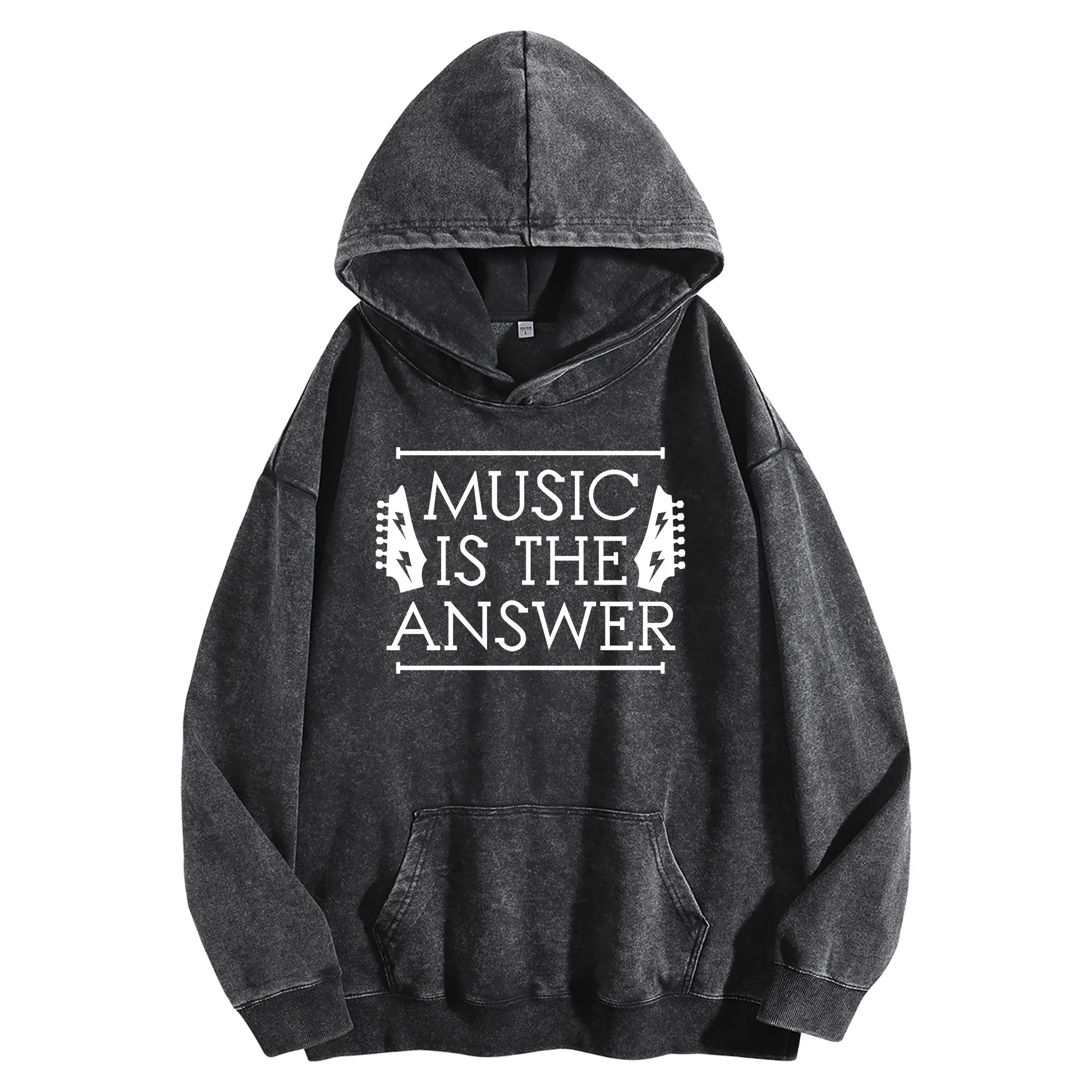 

MUSIC ANSWER Графический принт 400 г Винтажная стираная толстовка унисекс Уличная одежда большого размера Пуловер осень/зима Коллекция