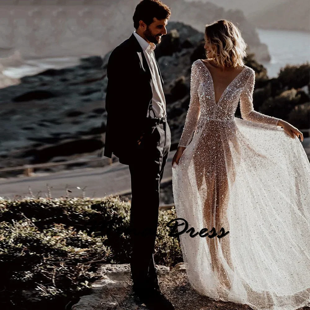 

Mina Customized Backless Evening Dresses Woman Elegant Chic Dress Es Long Sleeves Sequined V-neck Translucent Prom Dresses Sale