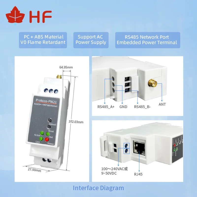 

PW21 DIN-Rail Serial port RS485 to WiFi Converter Serial Server Protoss-PW11 Support Modbus TCP to RTU