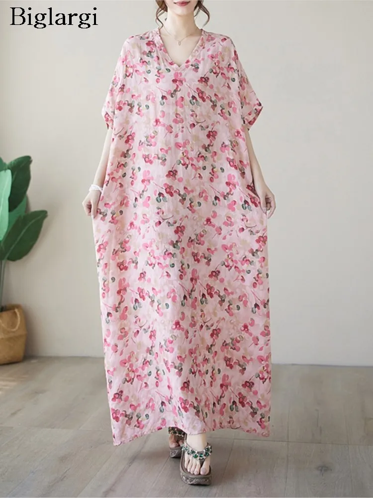 

Summer V-Neck Pink Long Robe Dress Women Loose Ruffle Pleated Fashin Ladies Dresses Short Sleeve Casual Oversized Woman Dress