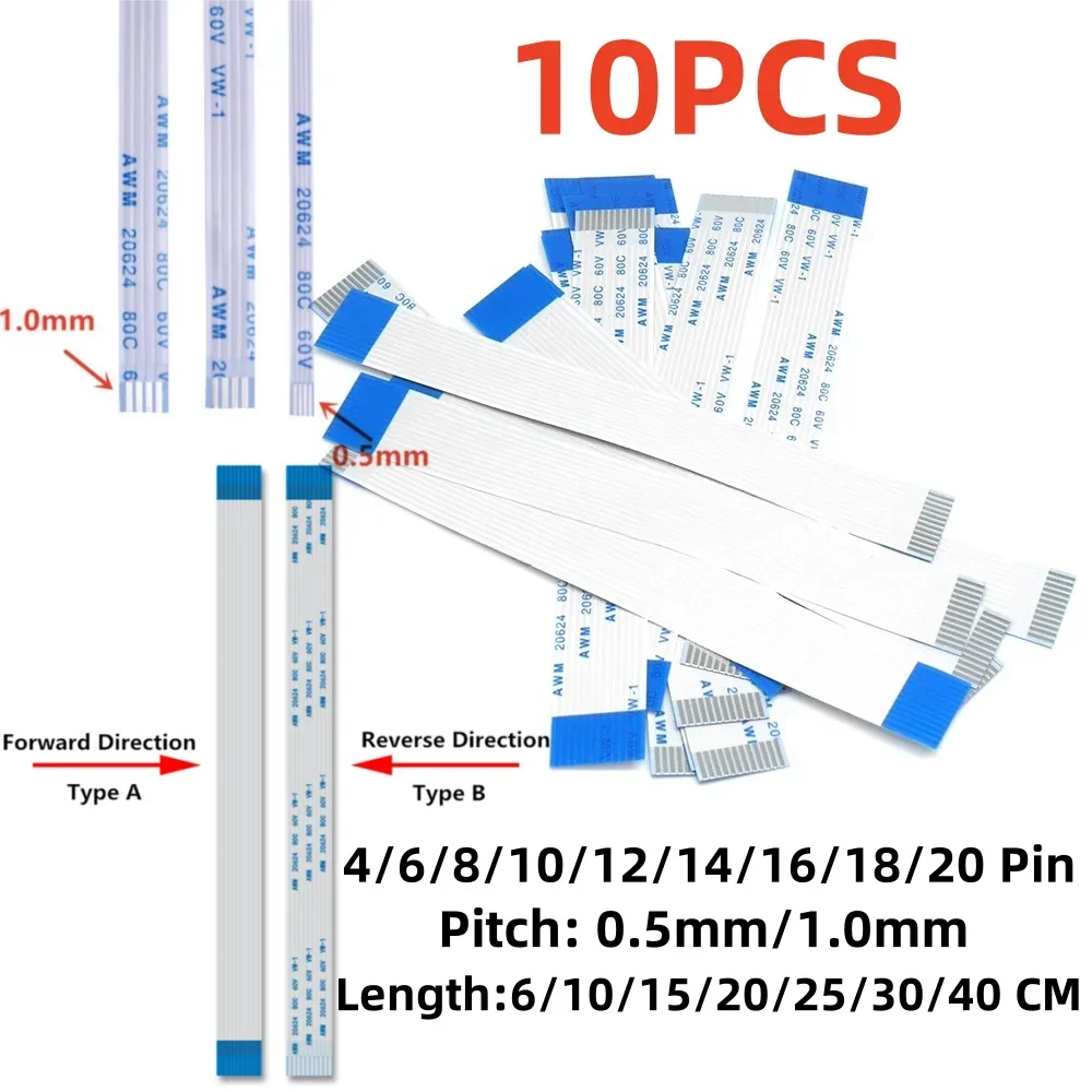 

10PCS FPC FFC Ribbon Flexible Flat Cable 4/6/8/10/12/14/16/18/20 Pin Pitch 0.5MM 1.0MM A-Type Wire Length 6/10/15/20/25/30/40 CM