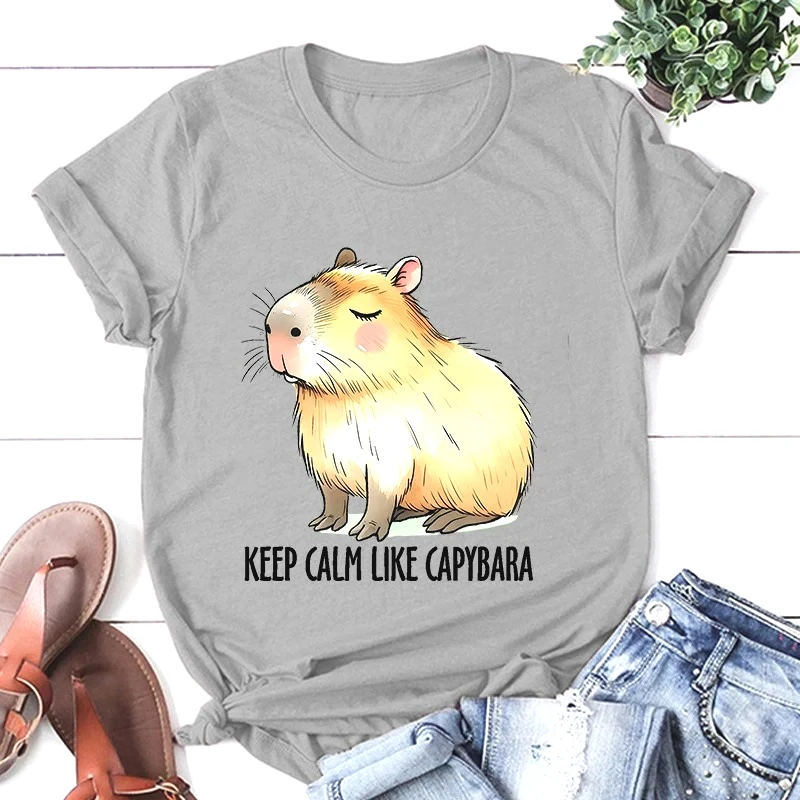 Hot Keep Calm Like Capybara Printed T-Shirts for Women Summer Short Sleeve Tee Shirts Round Neck Casual Spring Unisex Y2k Tops