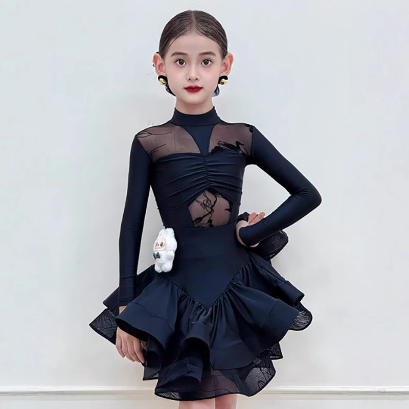 

Осенне-зимний танцевальный костюм для латиноамериканских танцев: платье для девочек с длинным рукавом, боди и пышная юбка из сетки для тренировок и выступлений