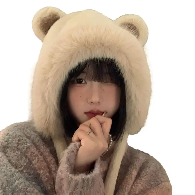 

652F Winter Warm Furry Plush Hat with Bear Ear for Women Breathable Soft Earflap Beanie Outdoor Activity Sport Hat Headgear