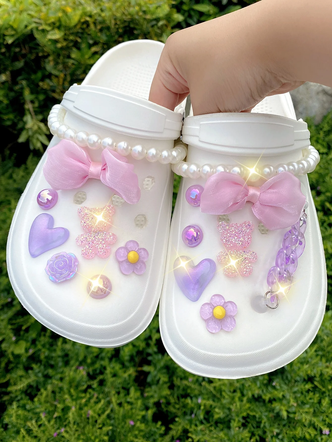 16 pieces of ABS pearl chain, pink cloth bow, sequined bear, purple thin twinkle love, flowers, chain, rose, ABS pearl shoe buck