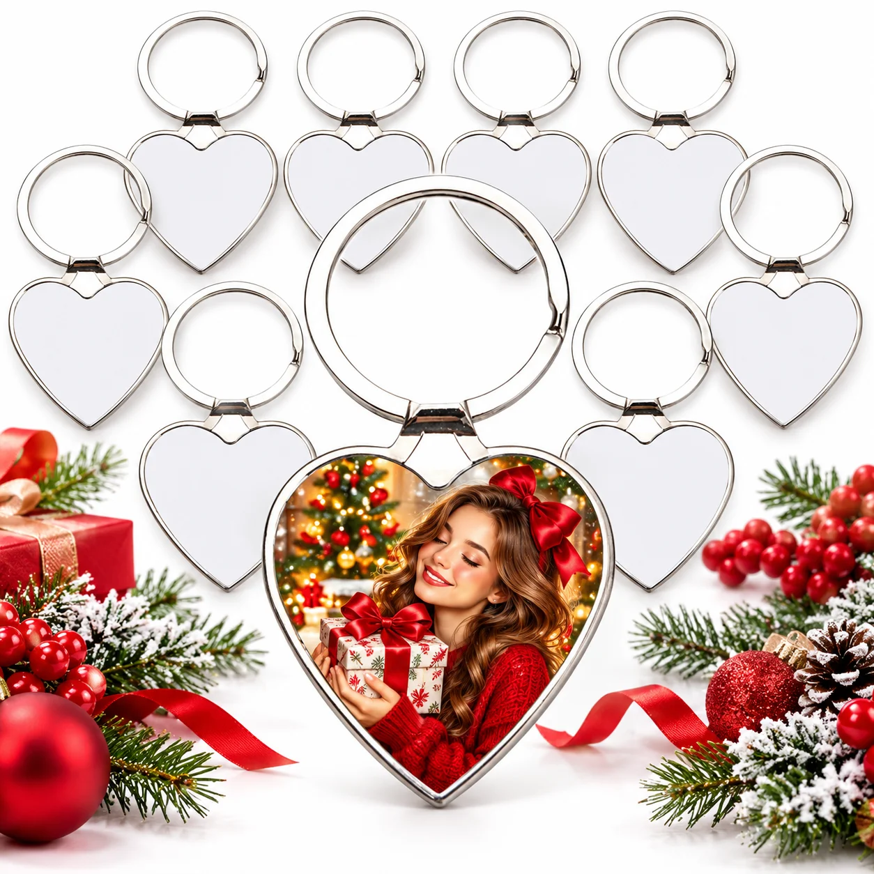 10PcsSublimation Blank Heart Metal Keychain, Sublimation Ready Photo Keyring, DIY Craft Blanks for Valentine’s Day & Christmas