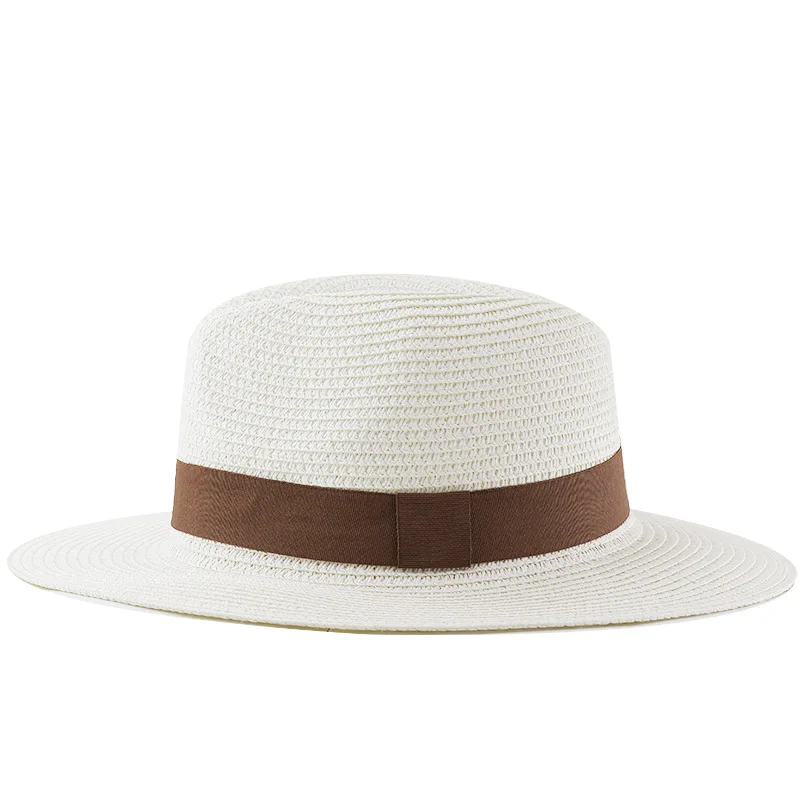 Men's Straw Coffee Colored Ribbon, Panama Woven Top Flat Eave Outdoor Spring And Summer Shading Beach Hat, Jazz Sun Protection