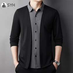 Men's Casual Long Sleeved Shirt Fake Two Piece Comfortable Outdoor Cardigan Korean Version Solid Color Fashionable Versatile Top