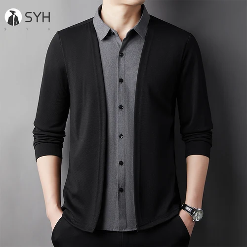 Imagen 1 del producto Camisa informal de manga larga para hombre, cárdigan falso de dos piezas cómodo para exteriores, versión coreana, Top versátil de moda de Color sólido