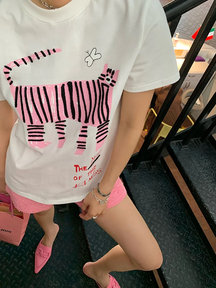 Tiger Cartoon Graphic T-Shirts Woman Summer Cotton Cozy Chic Tshirts Tops Femme Casual Vinatge Fashion Tee Shirts Korean Clothes