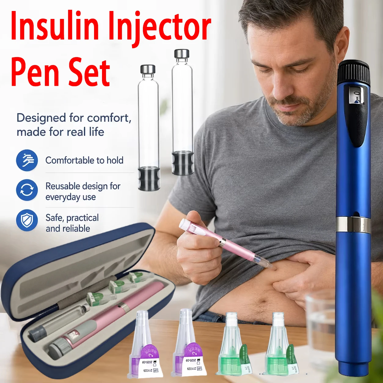 V2 Reusable Metal Injection Pen 3ml Disposable Sterile Needle Empty Cassette Bottle Precise Dosing Injection Pen Kit For Insulin