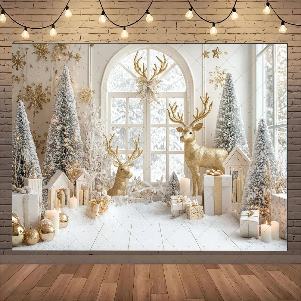 

Christmas arched window indoor banner background, Christmas teddy bear, Christmas tree gift, family gathering shooting Backdrop