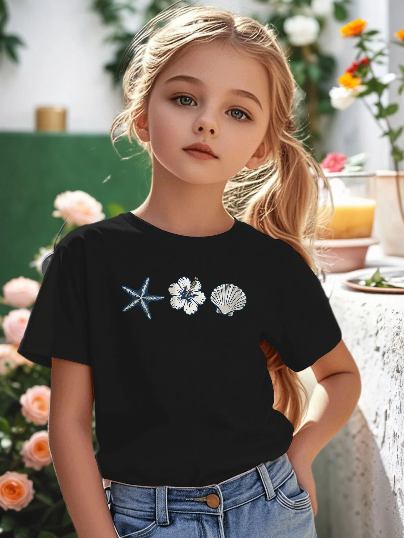 Tropical Marine Starfish Flower Shell Holiday Cartoon Print Kids T Shirt Boys Girls Family Matching Summer Crew Neck Casual Tee