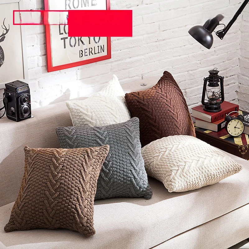 

V-Stitch Chunky Knit Cushion Cover - Boho Decorative Throw Pillow Case for Couch, Bed - Hypoallergenic Yarn (Without Insert)