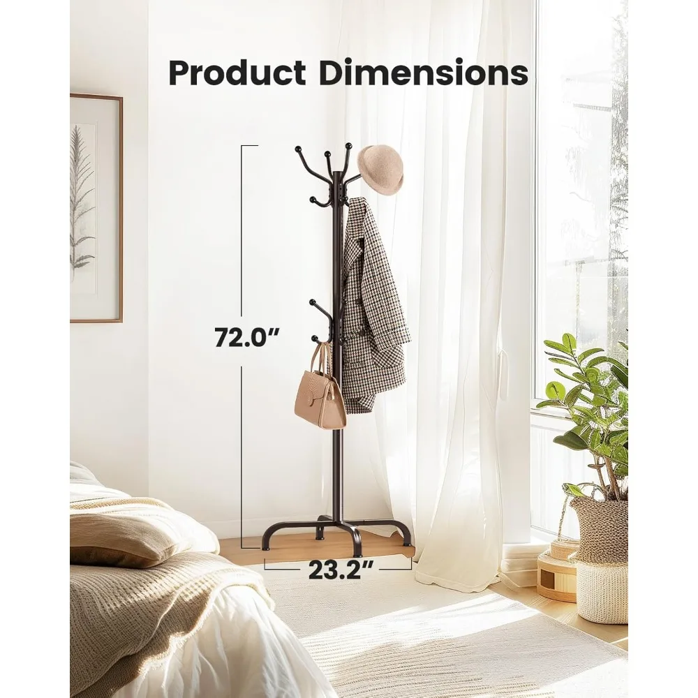 Freestanding Metal Coat Rack with 14 Hooks for Entryway, Hallway, Bedroom & Office, Brown