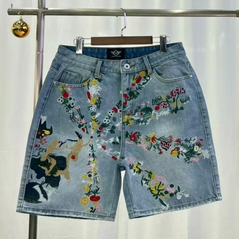 Pantalones cortos vaqueros bordados con pintura de Hip-Hop para hombre, pantalones cortos informales, cómodos y transpirables de cintura alta con bolsillos, ropa de calle