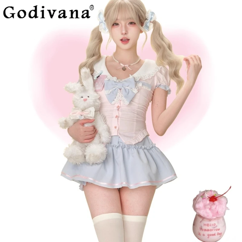 

Sailor Collar Short Sleeve Top with Bowknot Blue Short Skirt Women's Lolita Style Skirt Set Female Sweet Cute Bow Collar Suits