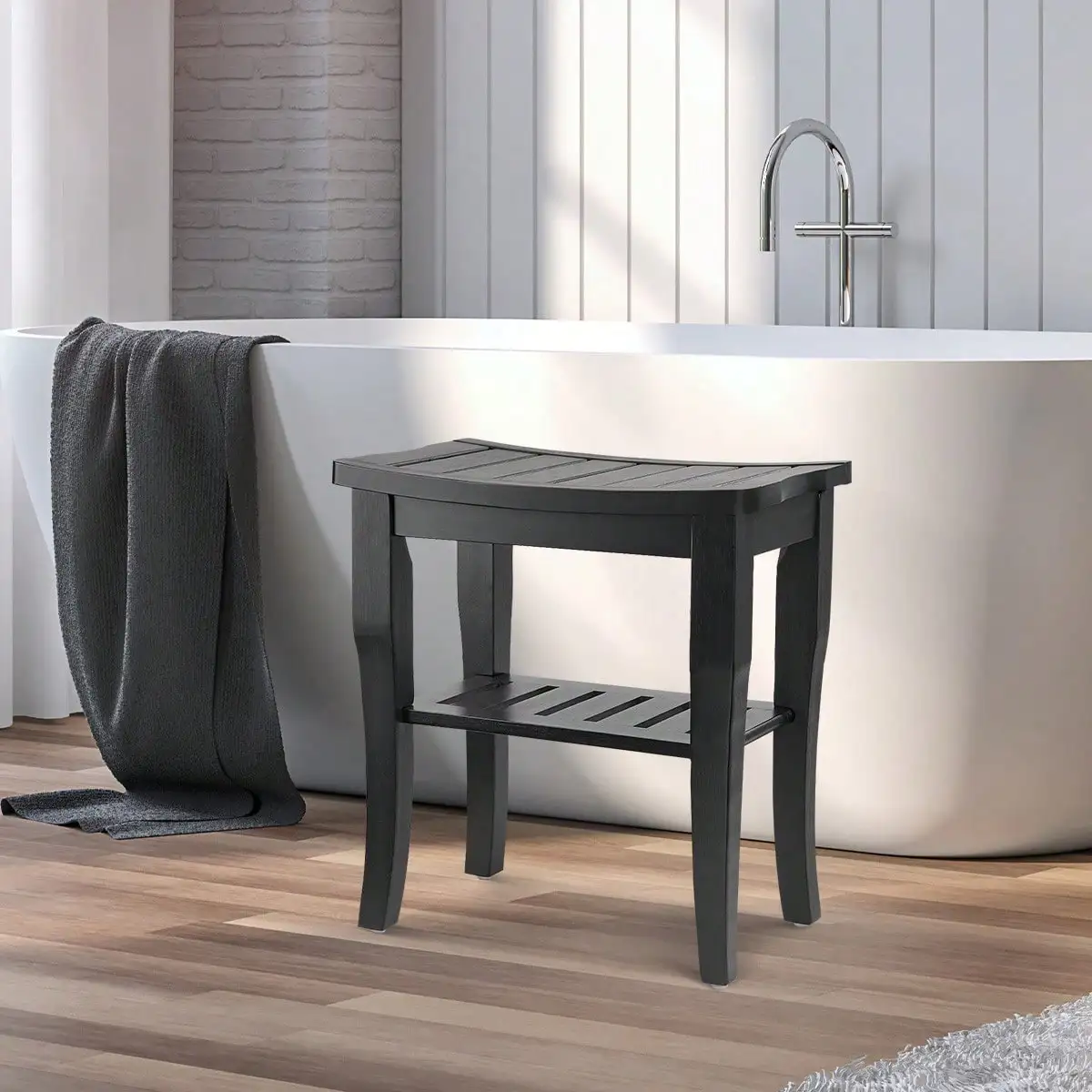 Bamboo Shower Bench & Stool Waterproof - Wood Shower Bench with Storage Shelf for Inside Shower(Black)