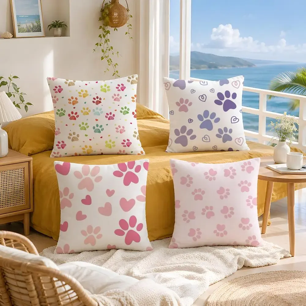 Paw Print Allover Pattern Cushion Cover Throw Pillow Short Plush Fresh Natural Cushion for Living Room Sofa Present Gift