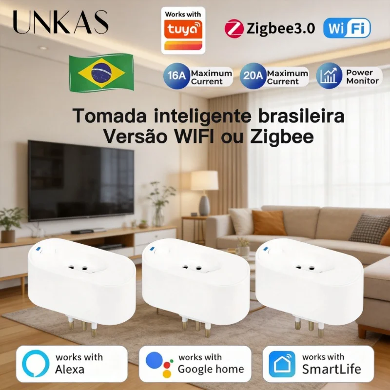 Tomada Inteligente UNKAS WIFI ou Zigbee 16A/20A com Monitor de Energia, Compatível com Tuya Brasil, Controle por Voz com Google Home e Alexa